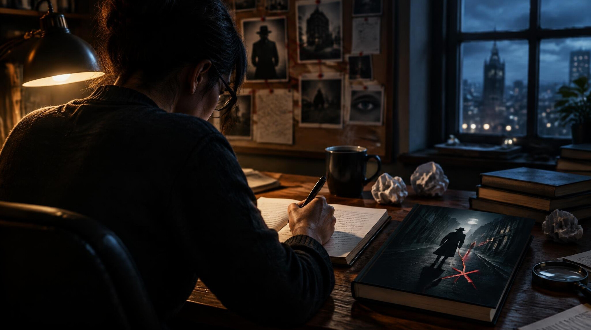 mystery writer at desk