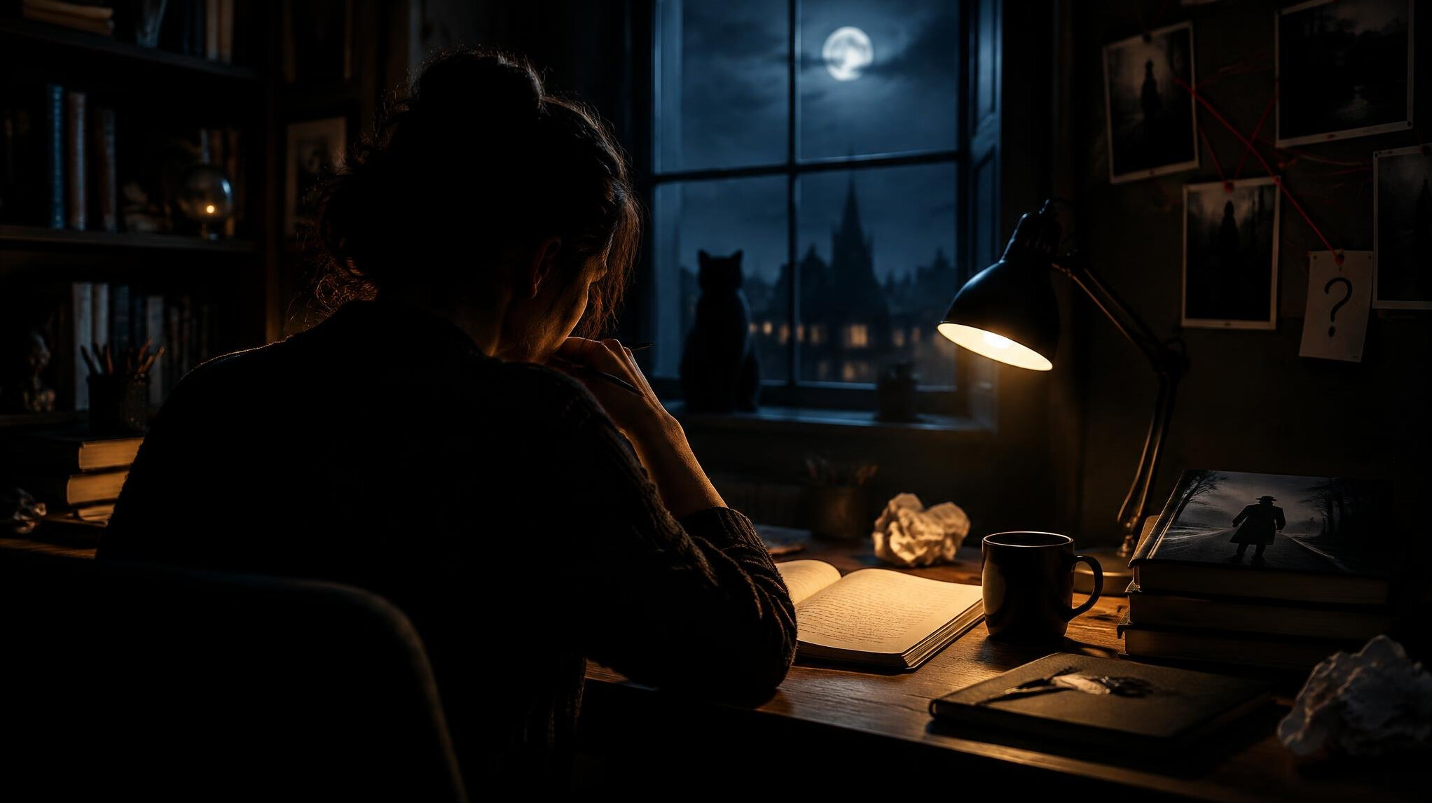 mystery writer at desk