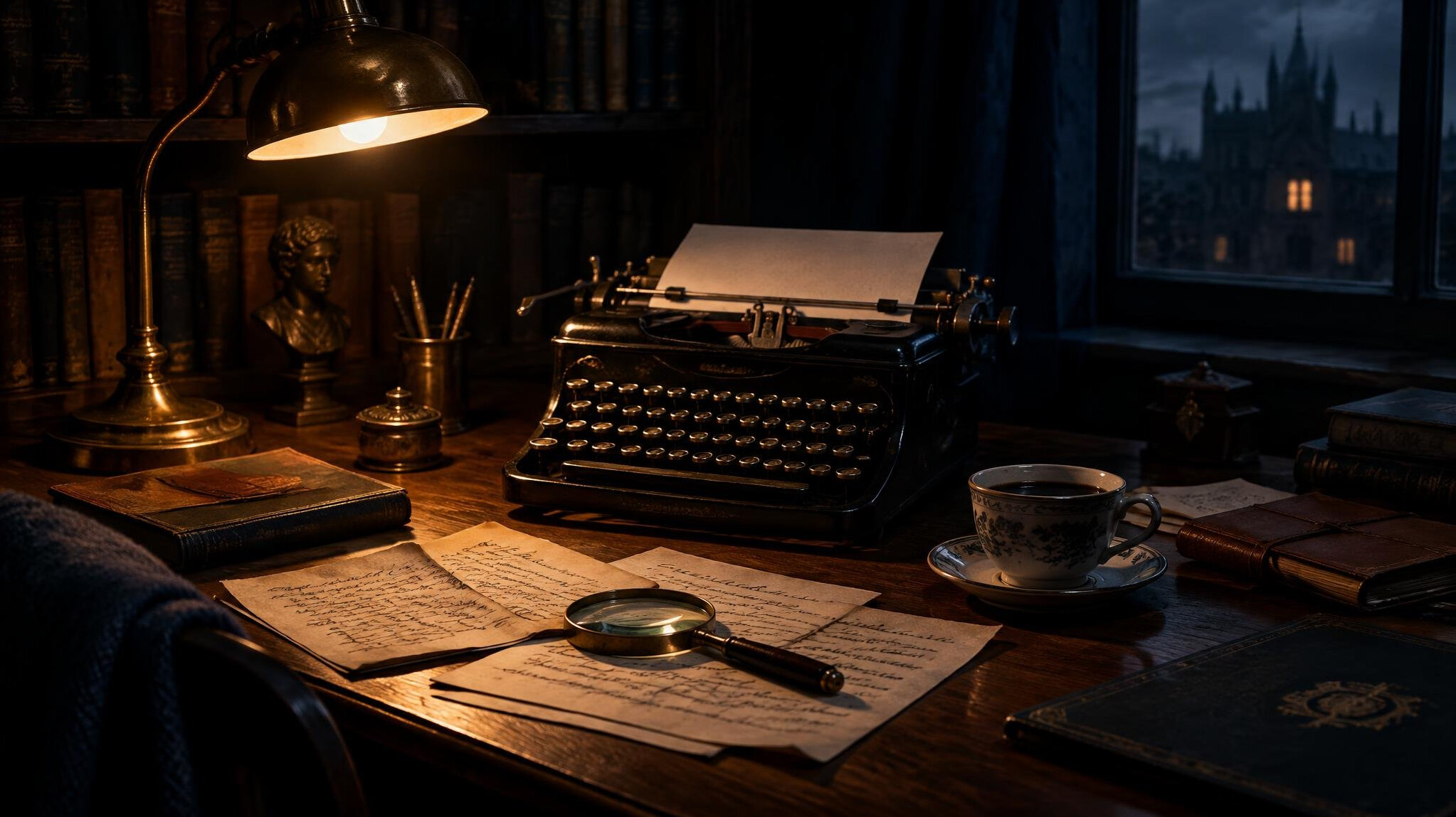 Writer's desk with vintage typewriter and notebook in dim lamp light
