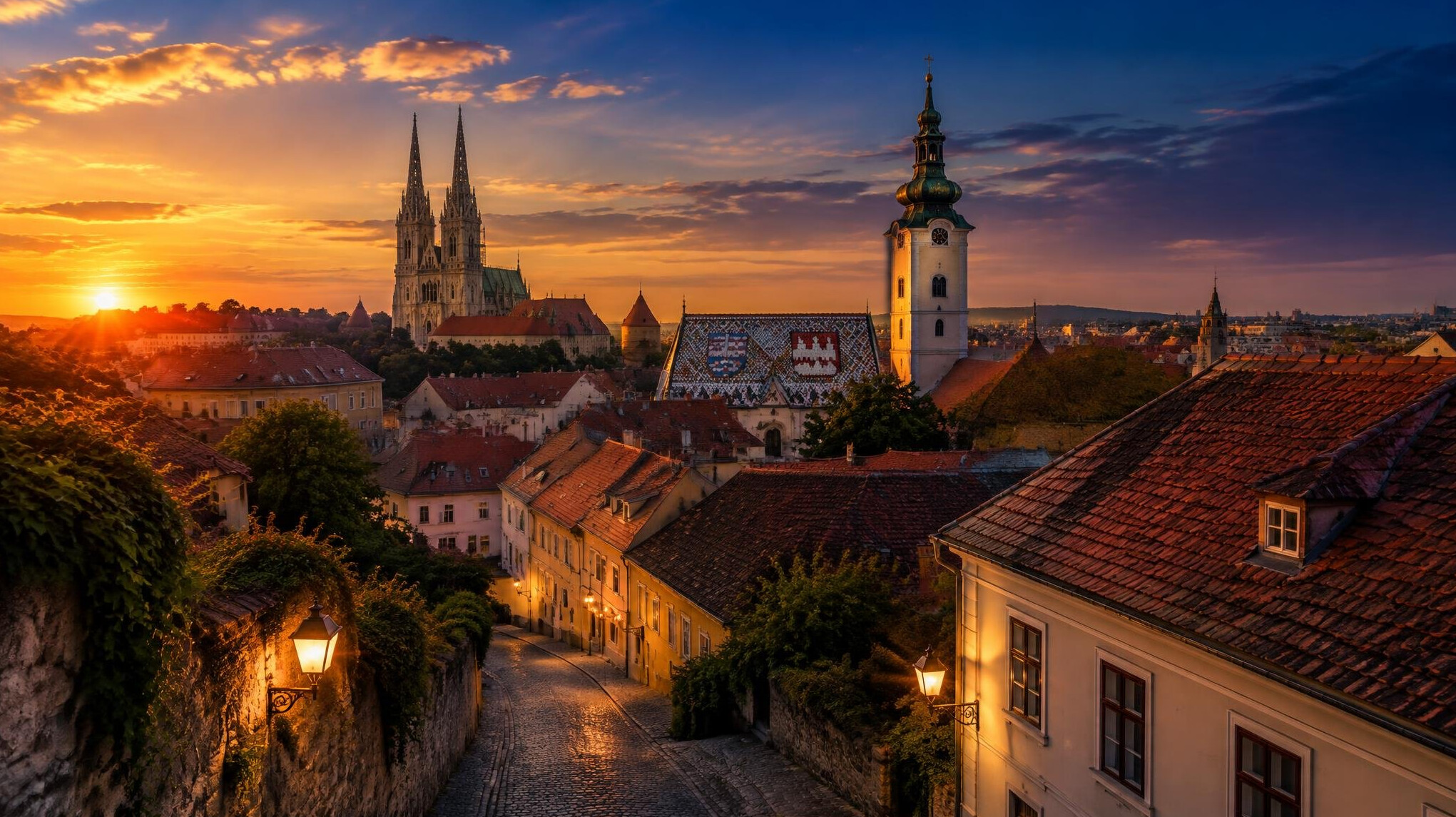 Historic Zagreb upper town rooftops and spires at dusk