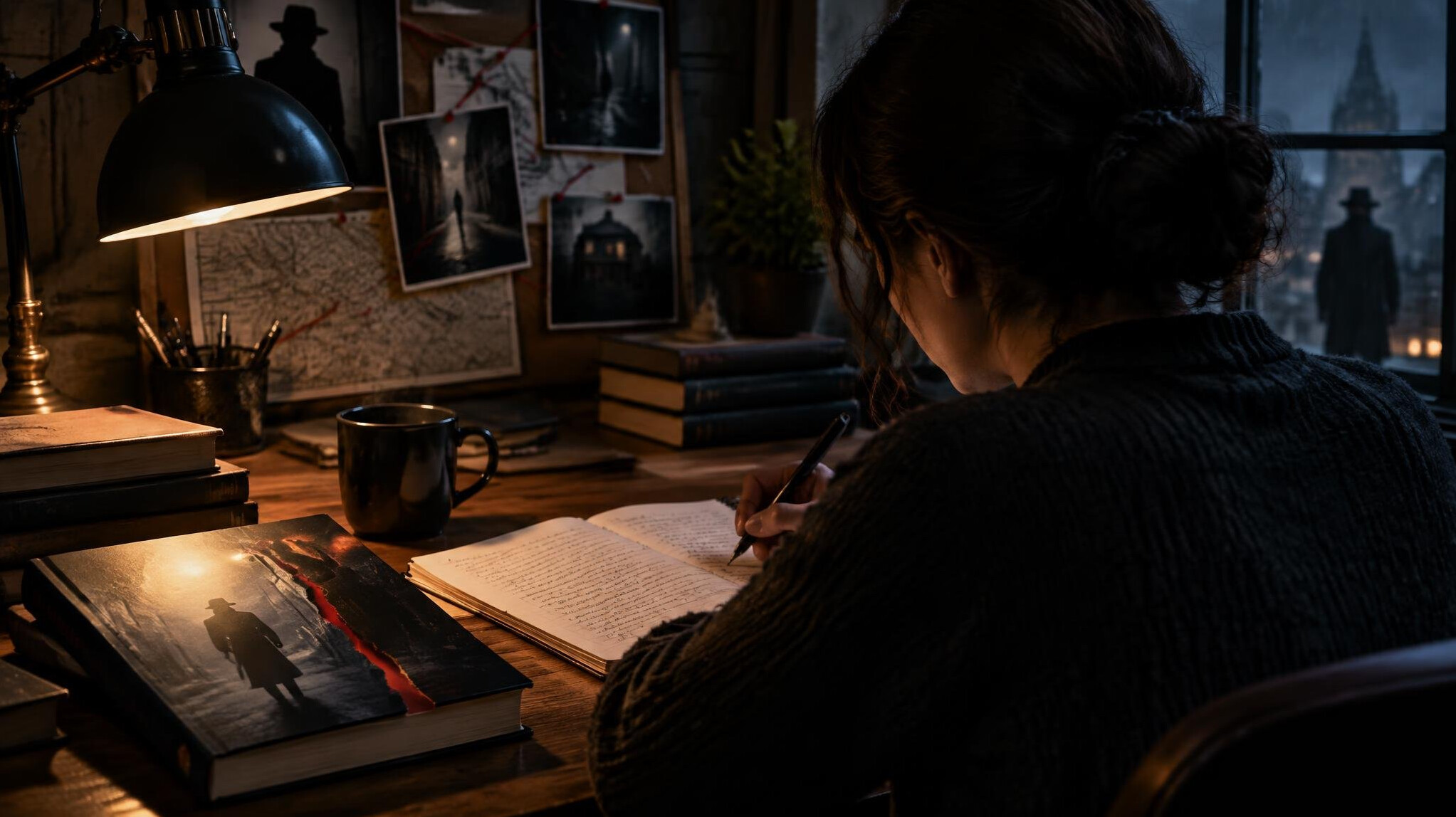 mystery writer at desk